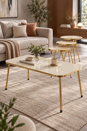 SuloraHome Gold Metal Düz Ayak 4'lü Sehpa Seti Krem