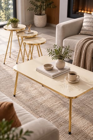 SuloraHome Gold Metal Düz Ayak 4'lü Sehpa Seti Krem