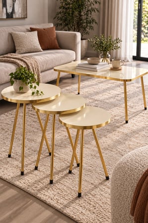 SuloraHome Gold Metal Düz Ayak 4'lü Sehpa Seti Krem