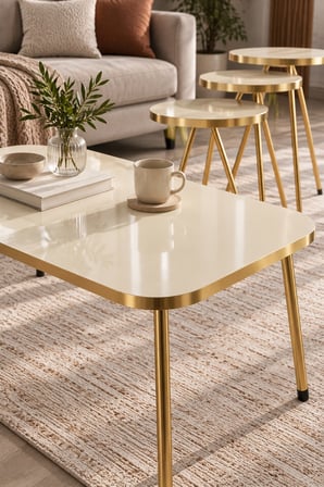 SuloraHome Gold Metal Düz Ayak 4'lü Sehpa Seti Krem