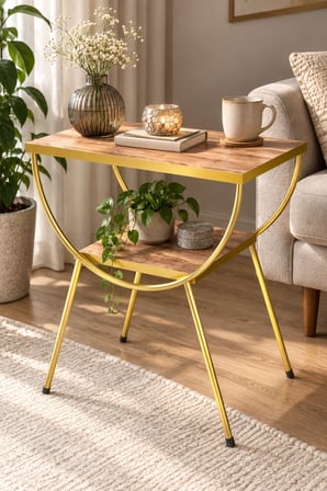 SuloraHome Ceviz Desenli Gold Metal Yan Sehpa ve Komodin