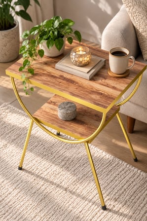 SuloraHome Ceviz Desenli Gold Metal Yan Sehpa ve Komodin