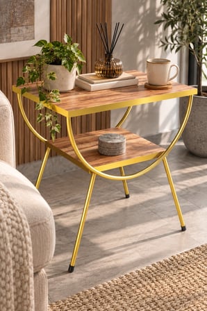 SuloraHome Ceviz Desenli Gold Metal Yan Sehpa ve Komodin
