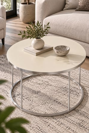 SuloraHome Gümüş Ayaklı Krem Bej Yuvarlak Orta Sehpa