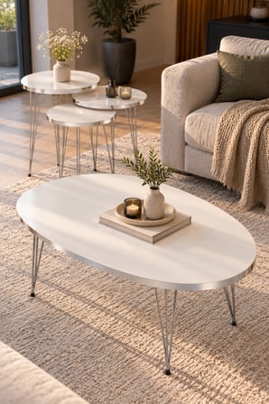 SuloraHome Gümüş Tel Ayaklı Beyaz 4'lü Sehpa Seti