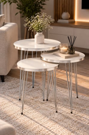SuloraHome Gümüş Tel Ayaklı Beyaz 4'lü Sehpa Seti