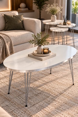 SuloraHome Gümüş Tel Ayaklı Beyaz 4'lü Sehpa Seti