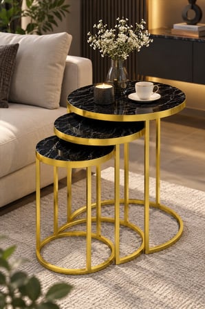 SuloraHome Siyah Mermer Desenli Gold Metal Ayaklı 3'lü Zigon Sehpa Takımı
