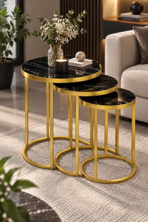 SuloraHome Siyah Mermer Desenli Gold Metal Ayaklı 3'lü Zigon Sehpa Takımı