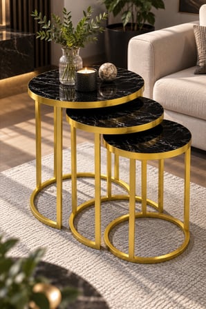SuloraHome Siyah Mermer Desenli Gold Metal Ayaklı 3'lü Zigon Sehpa Takımı