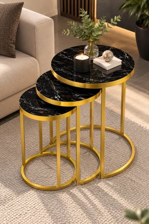 SuloraHome Siyah Mermer Desenli Gold Metal Ayaklı 3'lü Zigon Sehpa Takımı