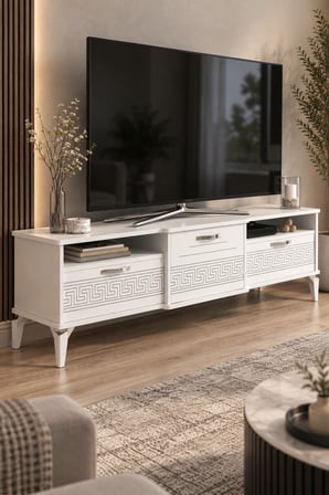 SuloraHome Gümüş Detaylı Beyaz TV Sehpası 160 cm