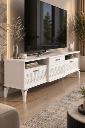 SuloraHome Gümüş Detaylı Beyaz TV Sehpası 160 cm