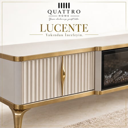 Lucente Elektrikli Şömineli TV Ünitesi Krem Gold Modern Tasarım 160 cm