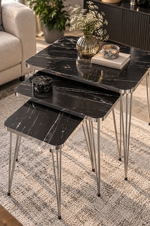 SuloraHome Siyah Mermer Desenli Gold Tel Ayaklı 3'lü Zigon Sehpa Takımı