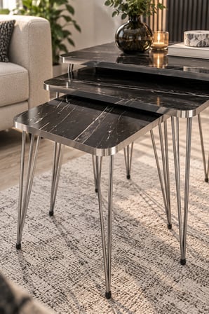 SuloraHome Siyah Mermer Desenli Gold Tel Ayaklı 3'lü Zigon Sehpa Takımı