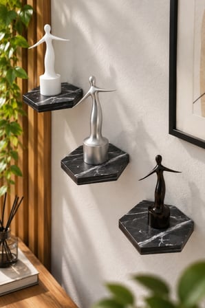 SuloraHome 3'lü Siyah Mermer Desenli Altıgen Duvar Rafı Seti
