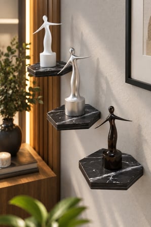 SuloraHome 3'lü Siyah Mermer Desenli Altıgen Duvar Rafı Seti