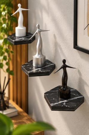 SuloraHome 3'lü Siyah Mermer Desenli Altıgen Duvar Rafı Seti