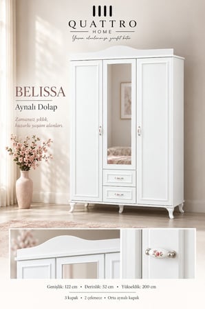 Belissa Aynalı 3 Kapaklı Dolap