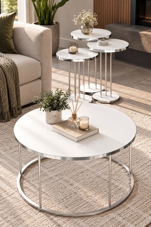 SuloraHome 4'lü Beyaz ve Gümüş Renkli Yuvarlak Sehpa Seti