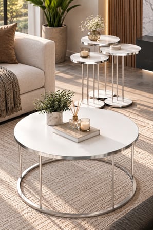SuloraHome 4'lü Beyaz ve Gümüş Renkli Yuvarlak Sehpa Seti