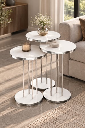 SuloraHome 4'lü Beyaz ve Gümüş Renkli Yuvarlak Sehpa Seti