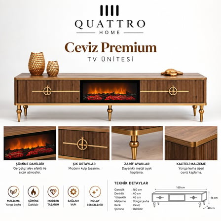 Ceviz Premium Elektrikli Şömineli TV Ünitesi Gold Detaylı 160 cm
