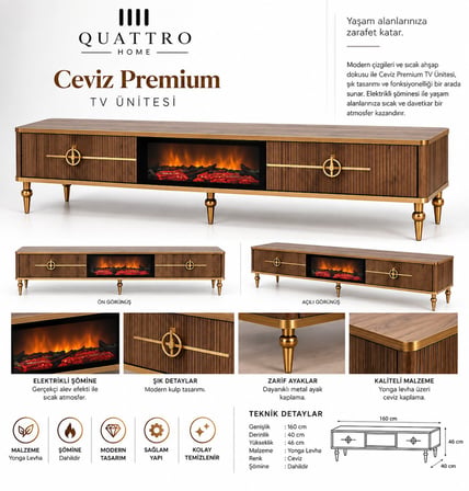 Ceviz Premium Elektrikli Şömineli TV Ünitesi Gold Detaylı 160 cm