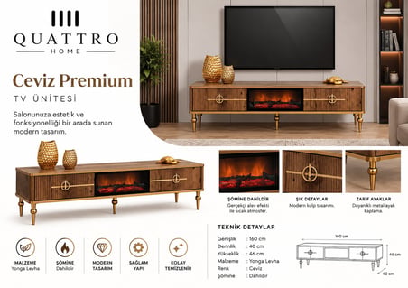 Ceviz Premium Elektrikli Şömineli TV Ünitesi Gold Detaylı 160 cm