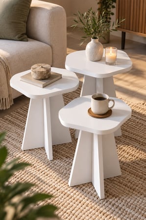 SuloraHome Çiçek Formlu Beyaz 3'lü Zigon Sehpa Seti