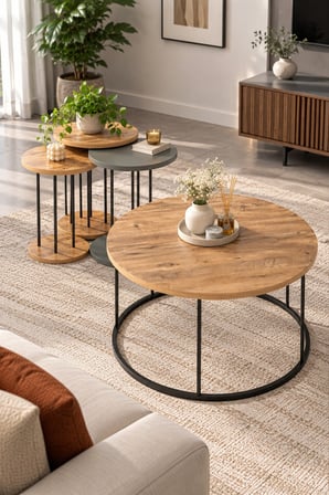 SuloraHome Ceviz Desenli 4'lü Sehpa Seti Siyah Metal Ayaklı