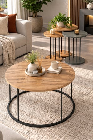 SuloraHome Ceviz Desenli 4'lü Sehpa Seti Siyah Metal Ayaklı