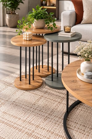 SuloraHome Ceviz Desenli 4'lü Sehpa Seti Siyah Metal Ayaklı
