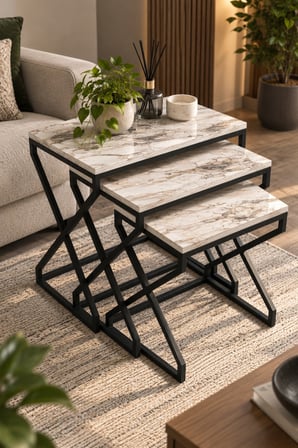 SuloraHome Modern Zigon Sehpa Seti - Beyaz Mermer Desenli ve Siyah Metal Ayaklı