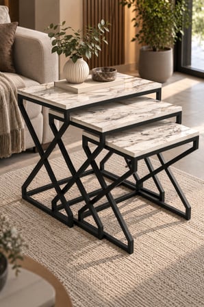 SuloraHome Modern Zigon Sehpa Seti - Beyaz Mermer Desenli ve Siyah Metal Ayaklı