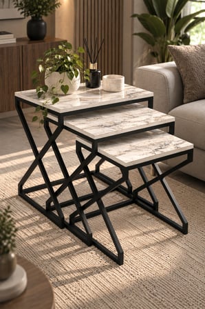 SuloraHome Modern Zigon Sehpa Seti - Beyaz Mermer Desenli ve Siyah Metal Ayaklı