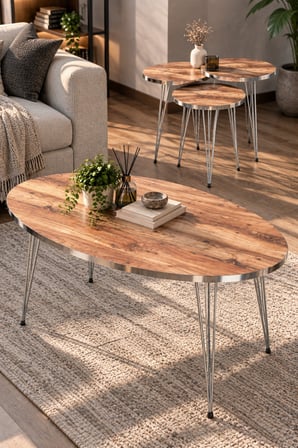 SuloraHome Gümüş Tel Ayaklı Ceviz Desenli 4'lü Sehpa Seti