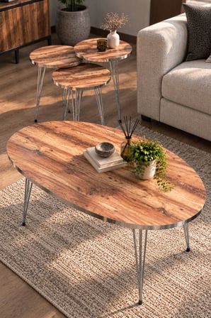SuloraHome Gümüş Tel Ayaklı Ceviz Desenli 4'lü Sehpa Seti