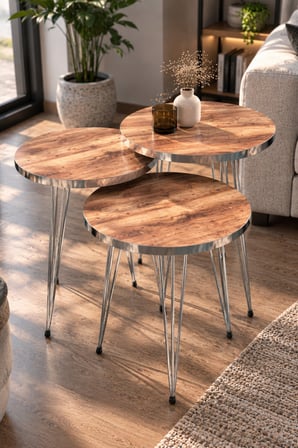SuloraHome Gümüş Tel Ayaklı Ceviz Desenli 4'lü Sehpa Seti