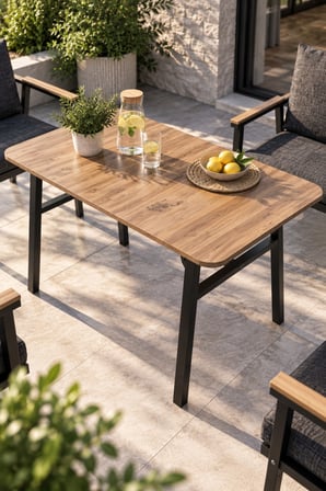 SuloraHome Ahşap Desenli Bahçe Masası ve Metal Ayaklı Dış Mekan Masası