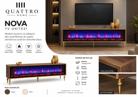 Nova Şömineli TV Ünitesi Ceviz Modern Tasarım 160 cm