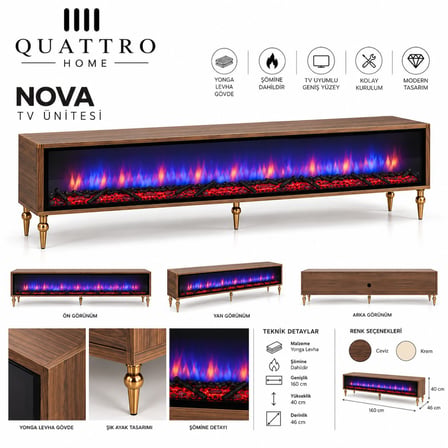 Nova Şömineli TV Ünitesi Ceviz Modern Tasarım 160 cm
