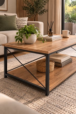 SuloraHome Ceviz Desenli Çift Raflı Orta Sehpa 90x50 cm