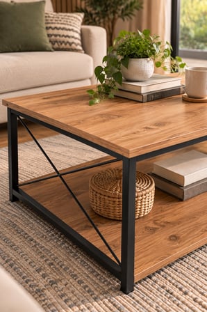 SuloraHome Ceviz Desenli Çift Raflı Orta Sehpa 90x50 cm