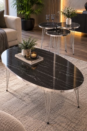 SuloraHome Siyah Mermer Desenli Gümüş Tel Ayaklı 4'lü Sehpa Seti