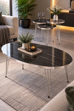 SuloraHome Siyah Mermer Desenli Gümüş Tel Ayaklı 4'lü Sehpa Seti