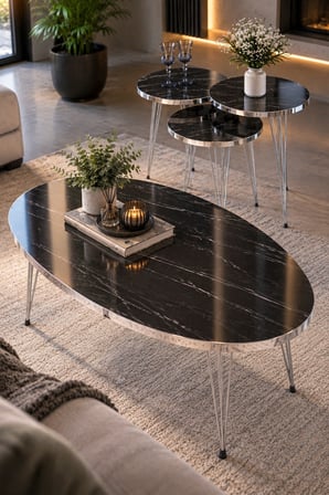 SuloraHome Siyah Mermer Desenli Gümüş Tel Ayaklı 4'lü Sehpa Seti