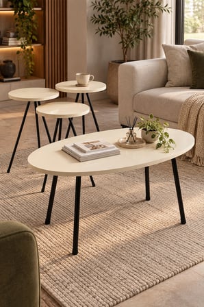SuloraHome Metal Ayaklı Elips Sehpa Seti Ekru 4'lü