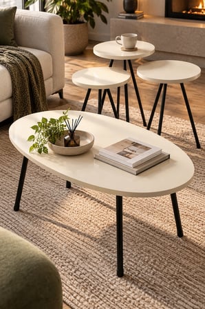 SuloraHome Metal Ayaklı Elips Sehpa Seti Ekru 4'lü